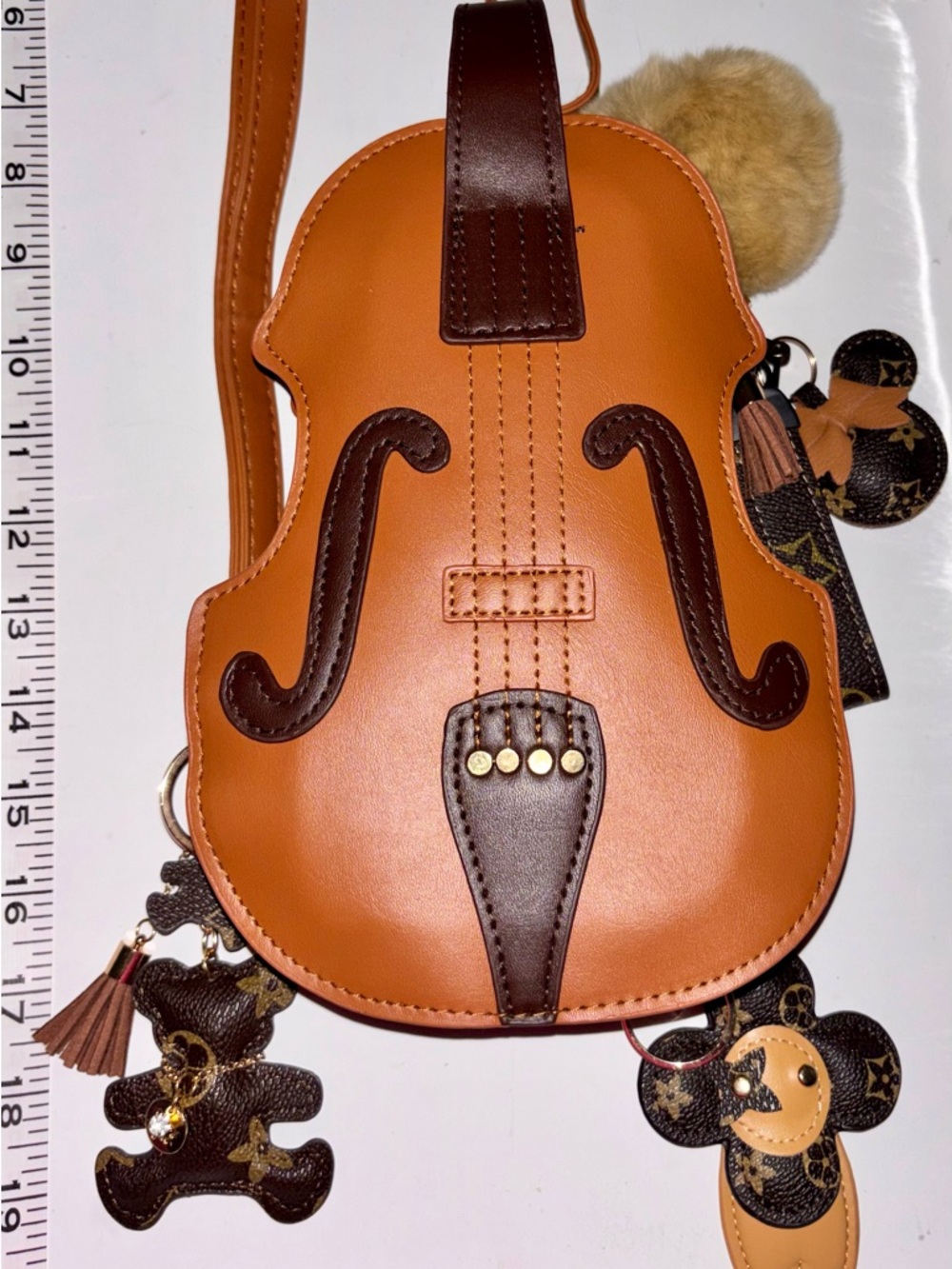 Violin & Keychains Purse - Crossbody Bag in Tan - Strap and 3 Keychain Set